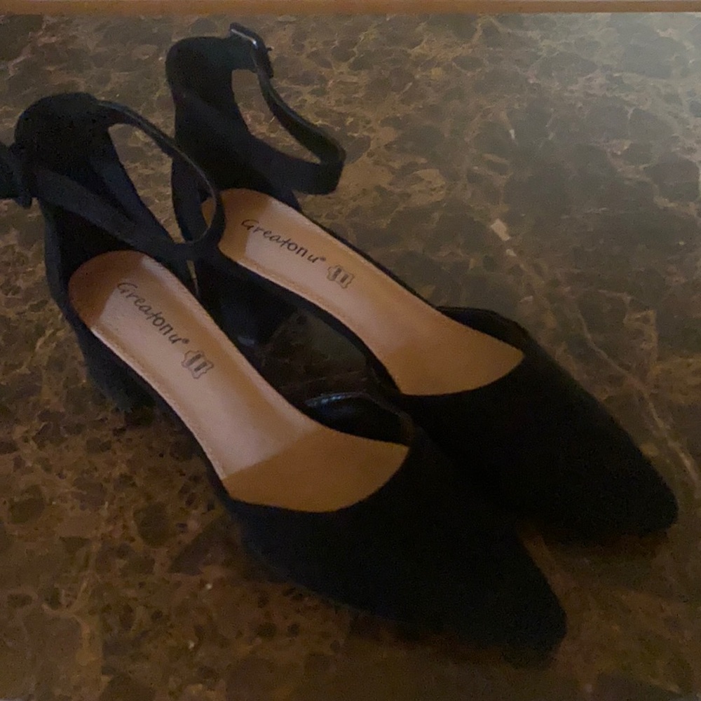Black chunky heel ankle strap shoes